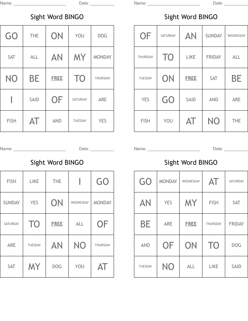 Sight Word BINGO