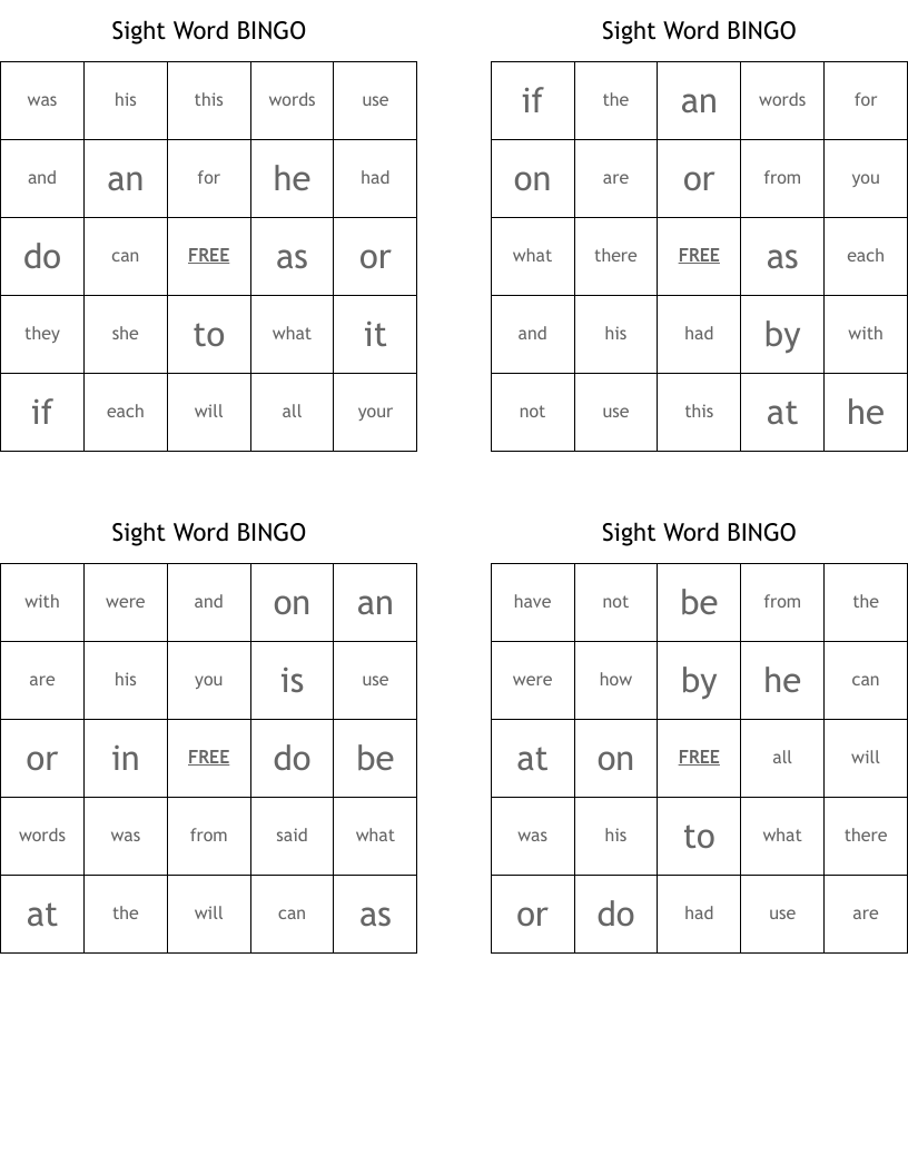 Sight Word BINGO