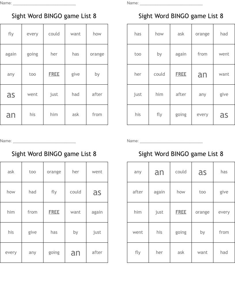 Sight Word BINGO game List 8