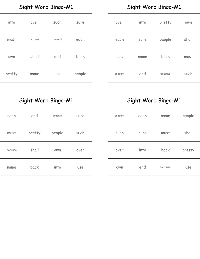 Sight Word Bingo-M1
