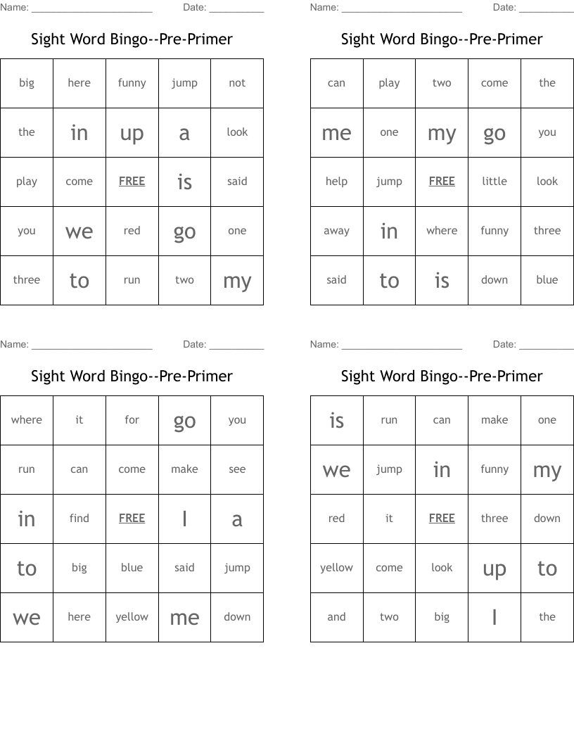 Sight Word Bingo--Pre-Primer