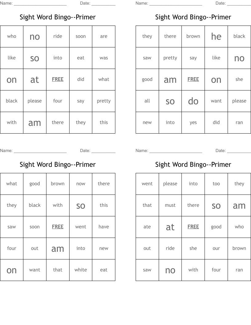 Sight Word Bingo--Primer
