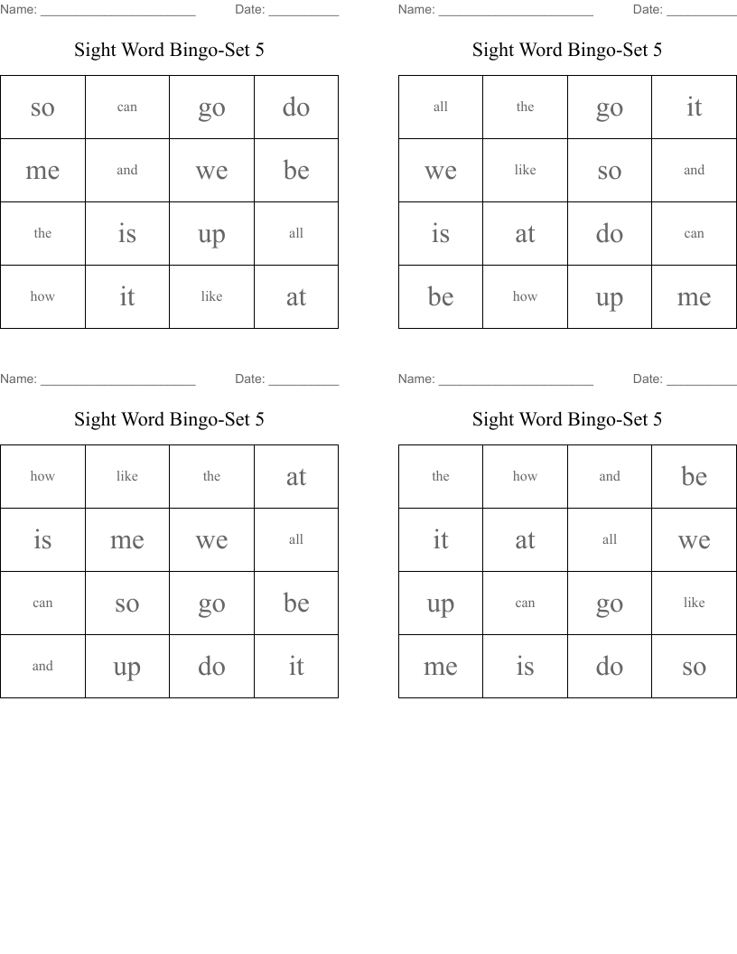 Sight Word Bingo-Set 5