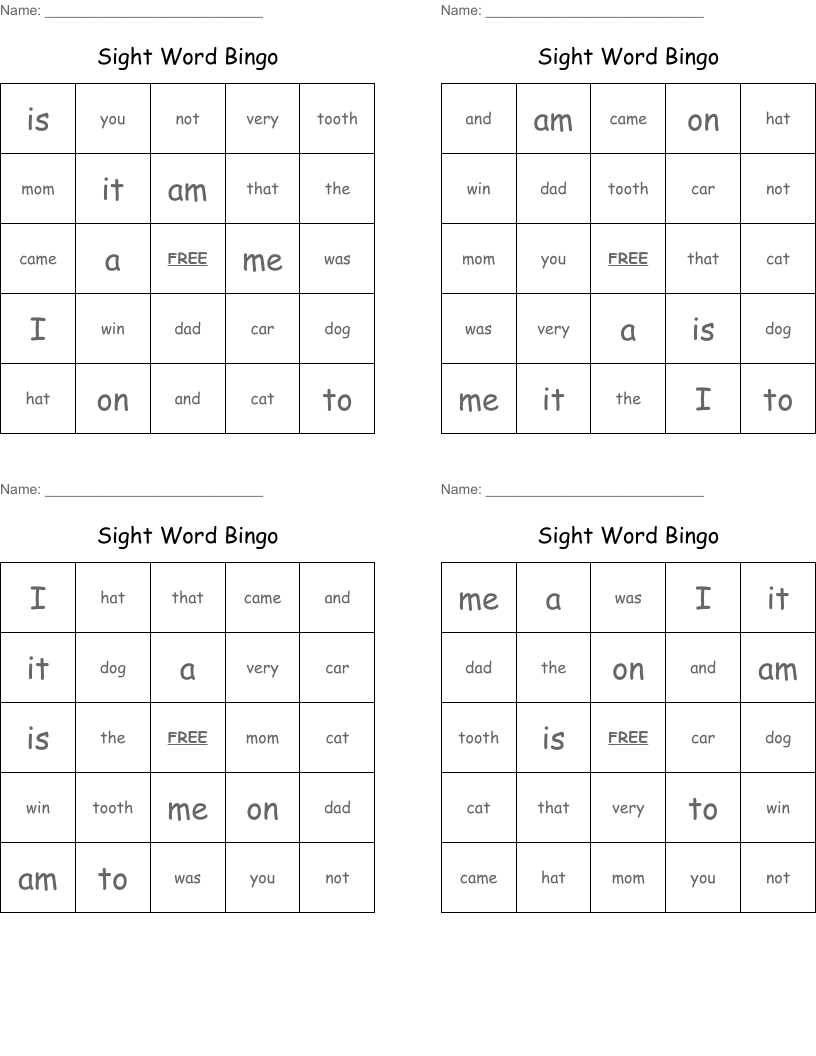 Sight Word Bingo
