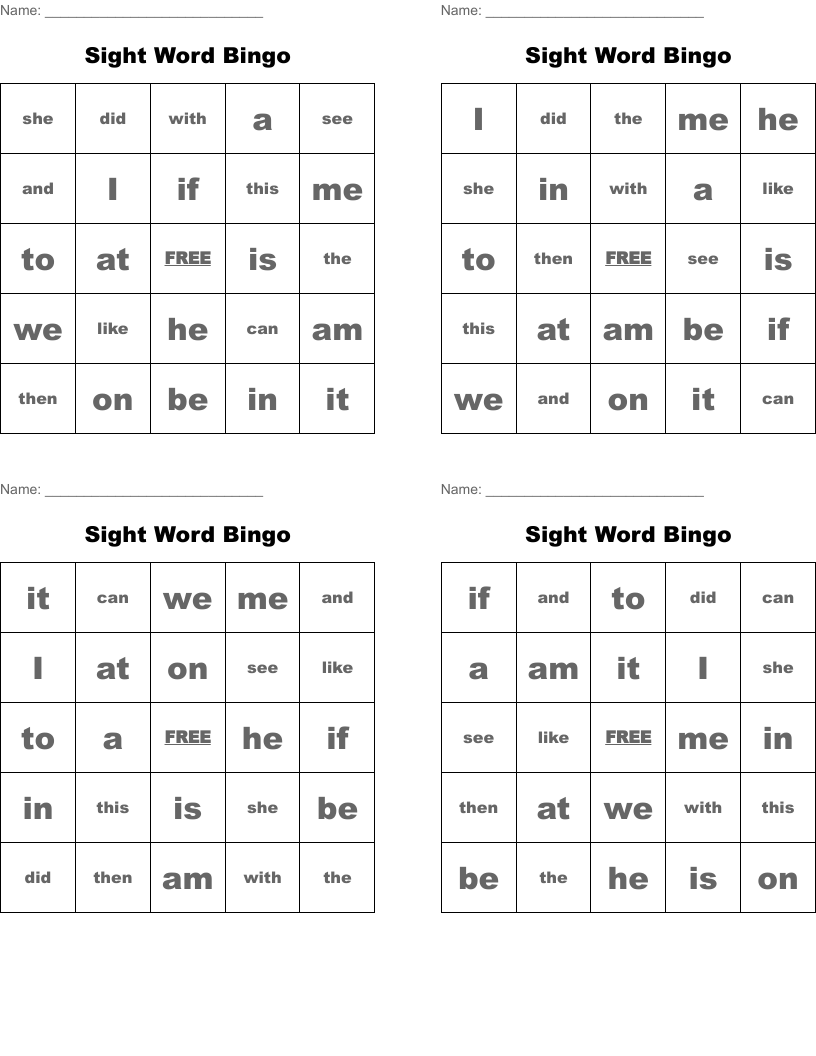 Sight Word Bingo