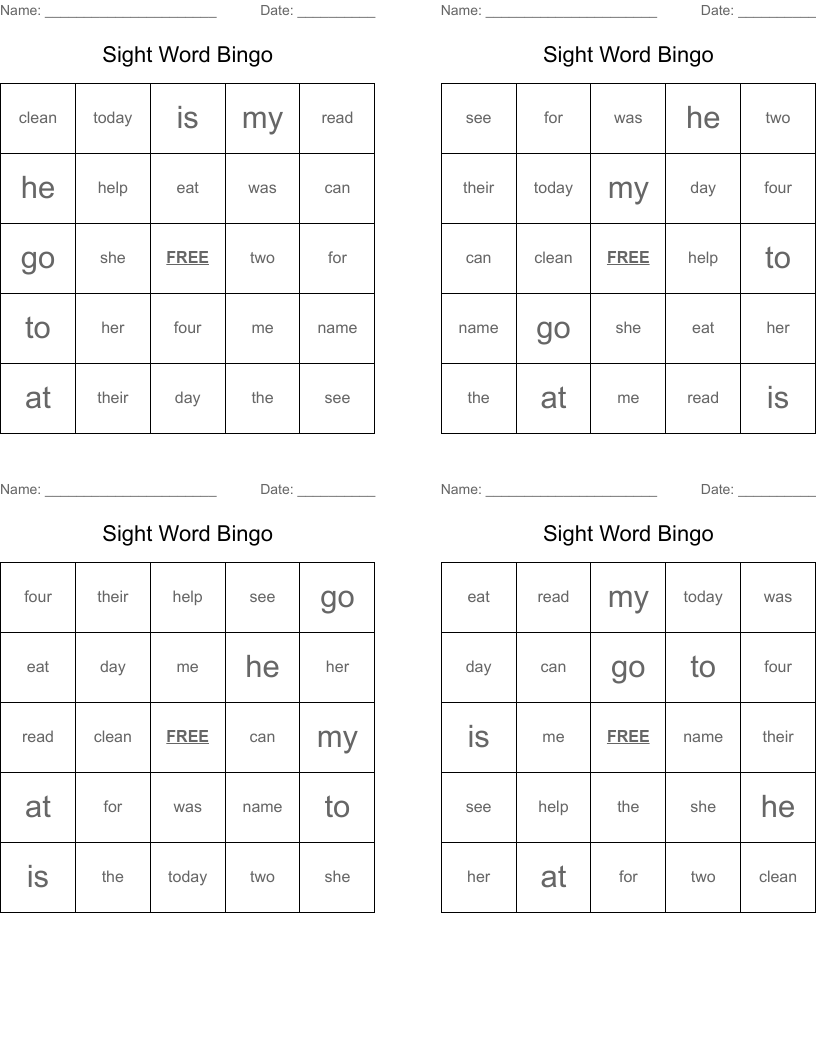 Sight Word Bingo
