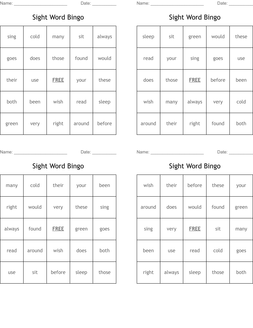 Sight Word Bingo