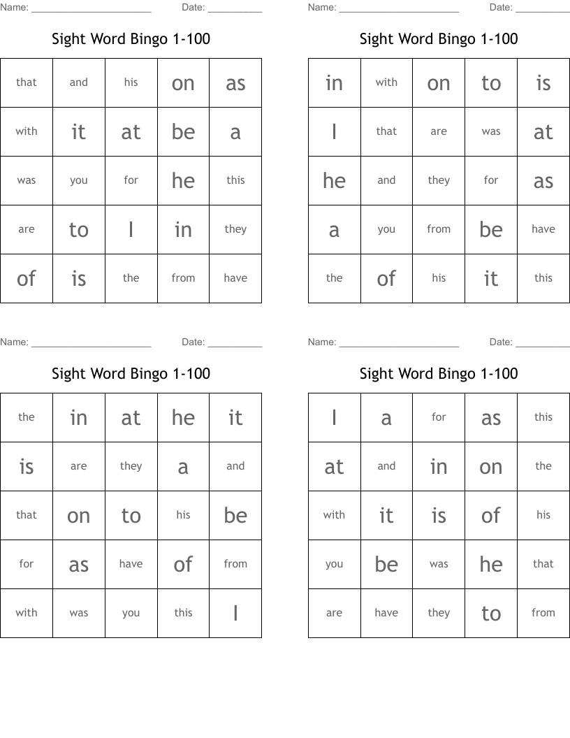 Sight Word Bingo 1-100