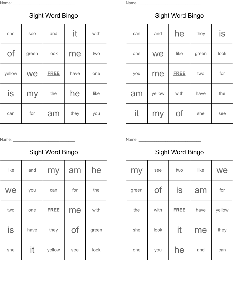 Sight Word Bingo
