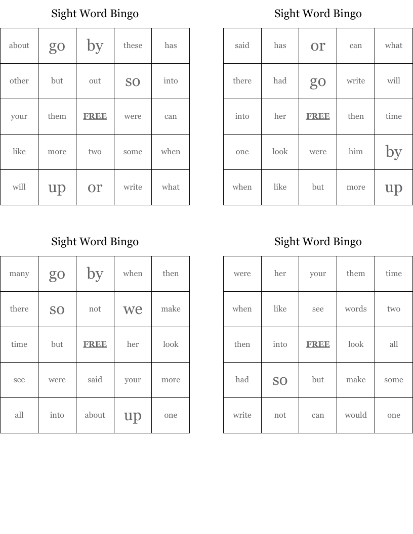 Sight Word Bingo