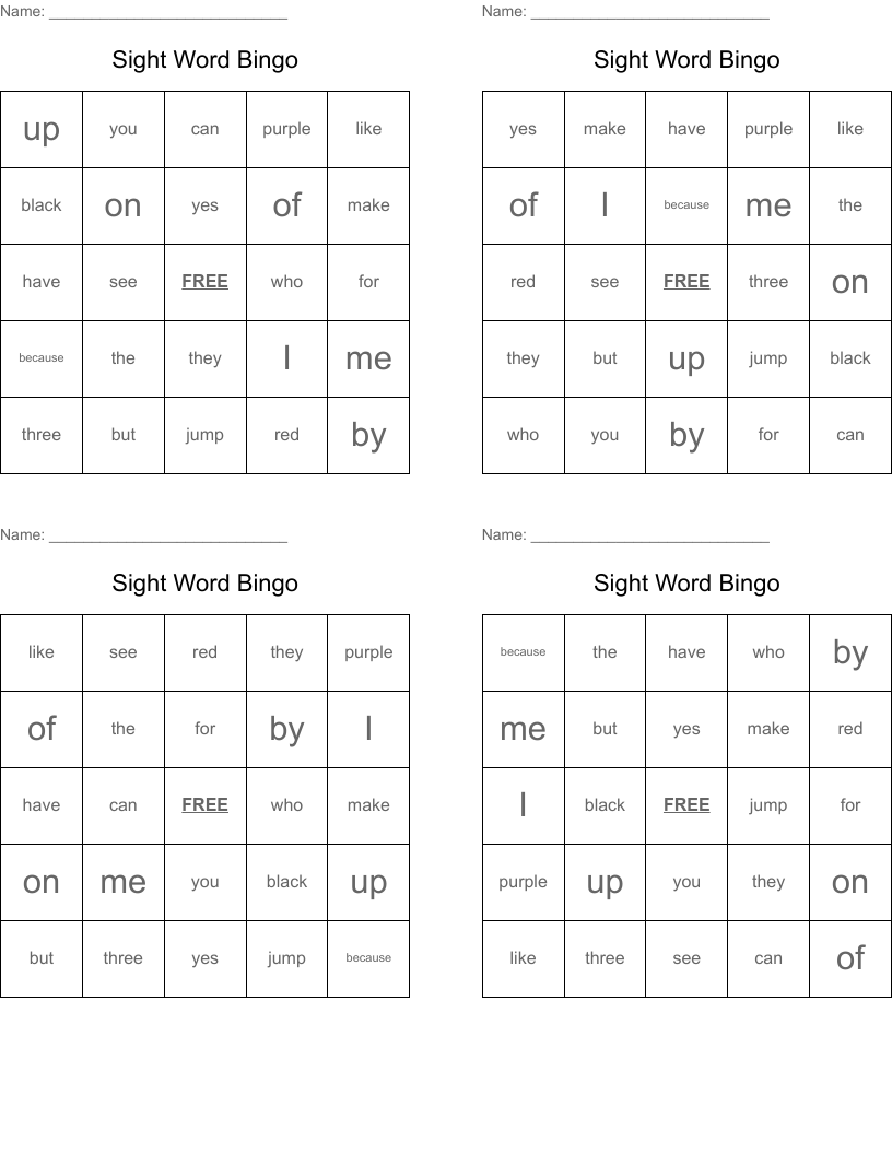 Sight Word Bingo