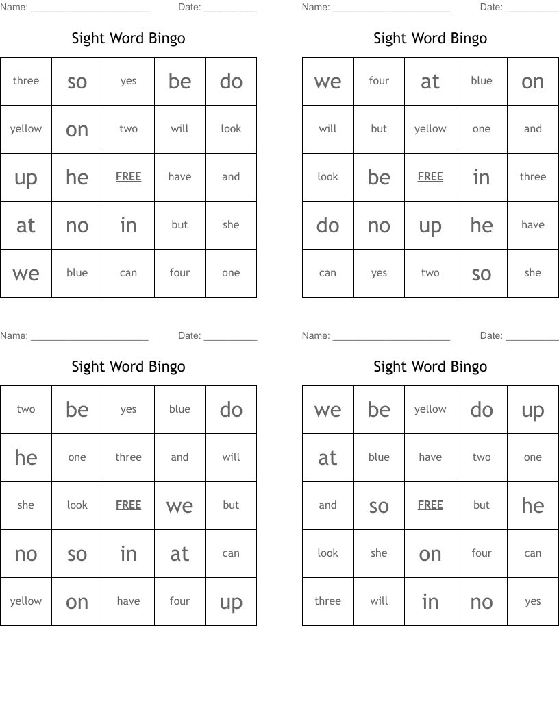 Sight Word Bingo