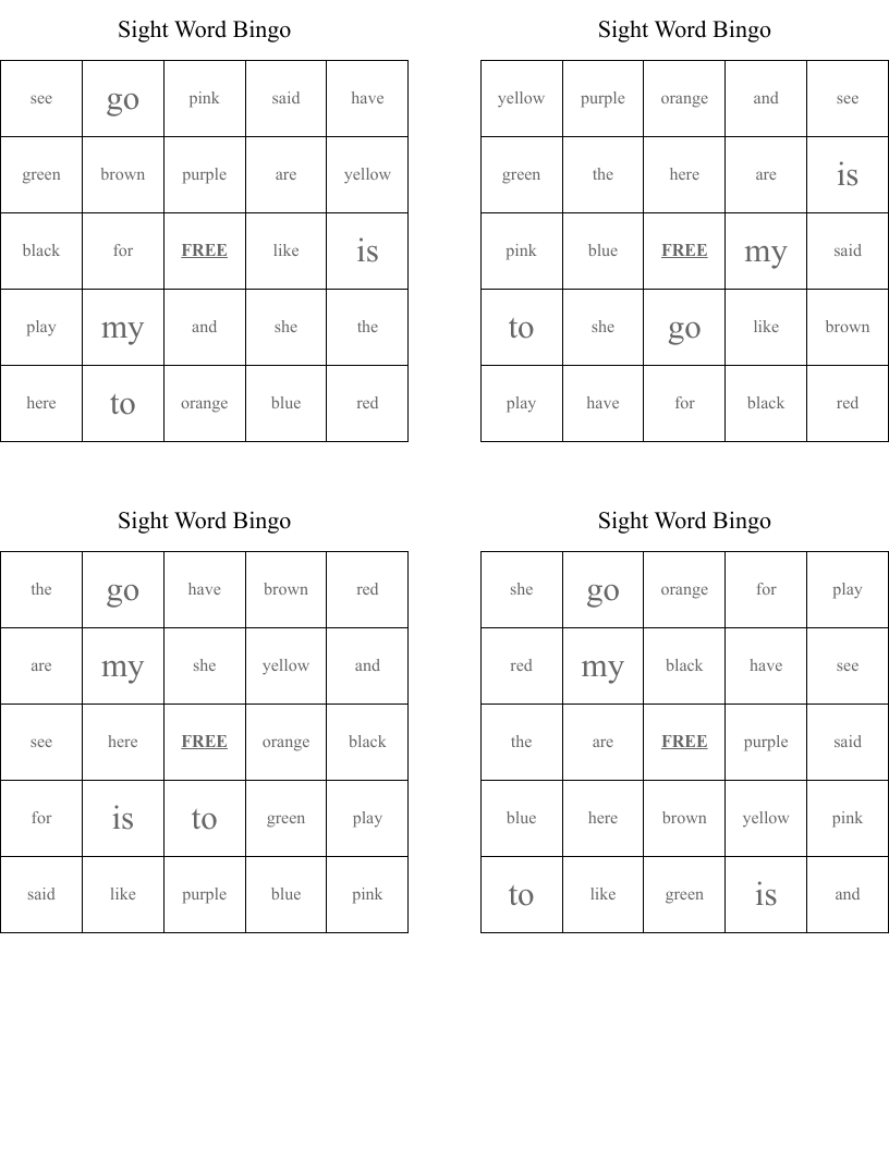 Sight Word Bingo