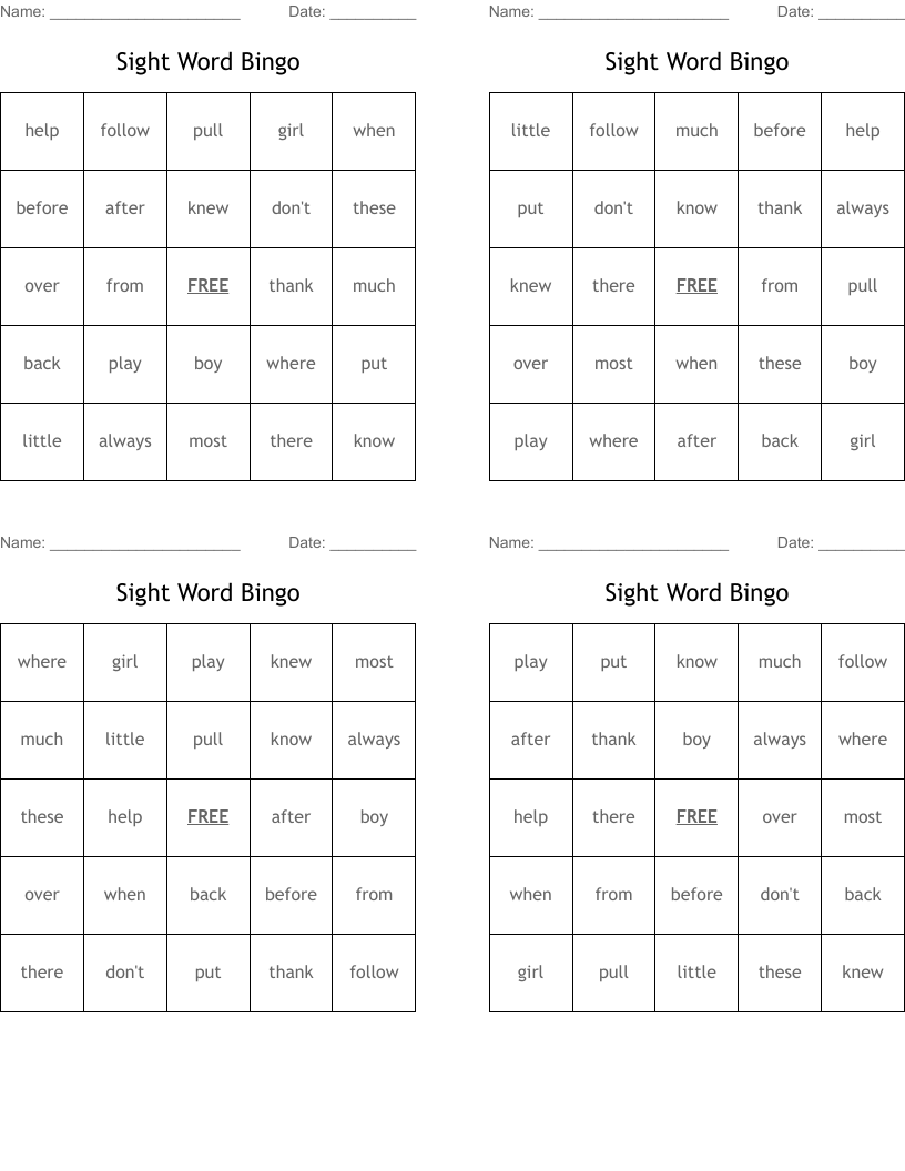 Sight Word Bingo