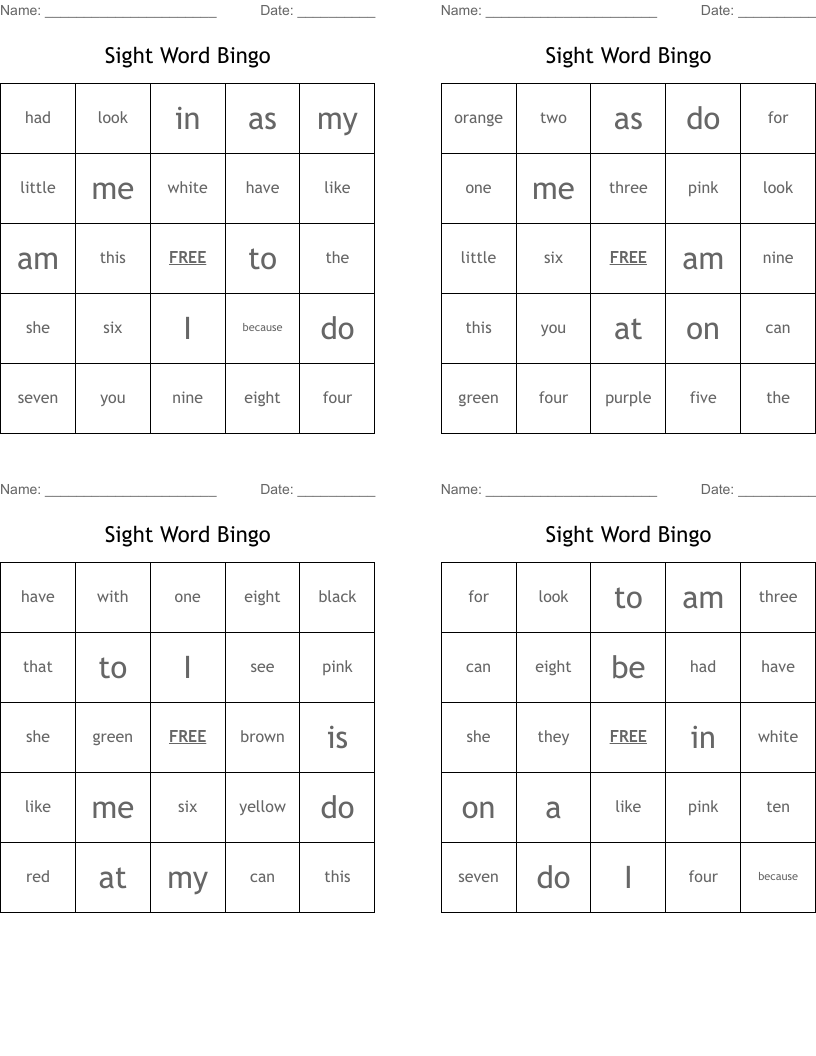 Sight Word Bingo