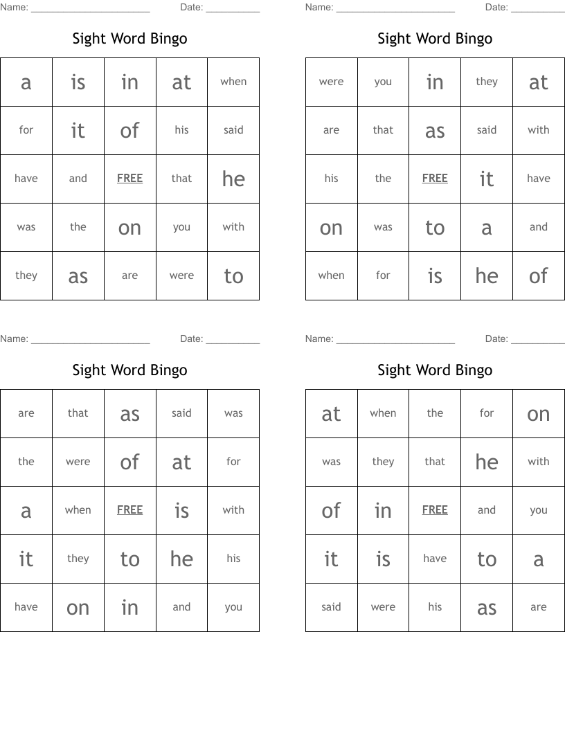 Sight Word Bingo