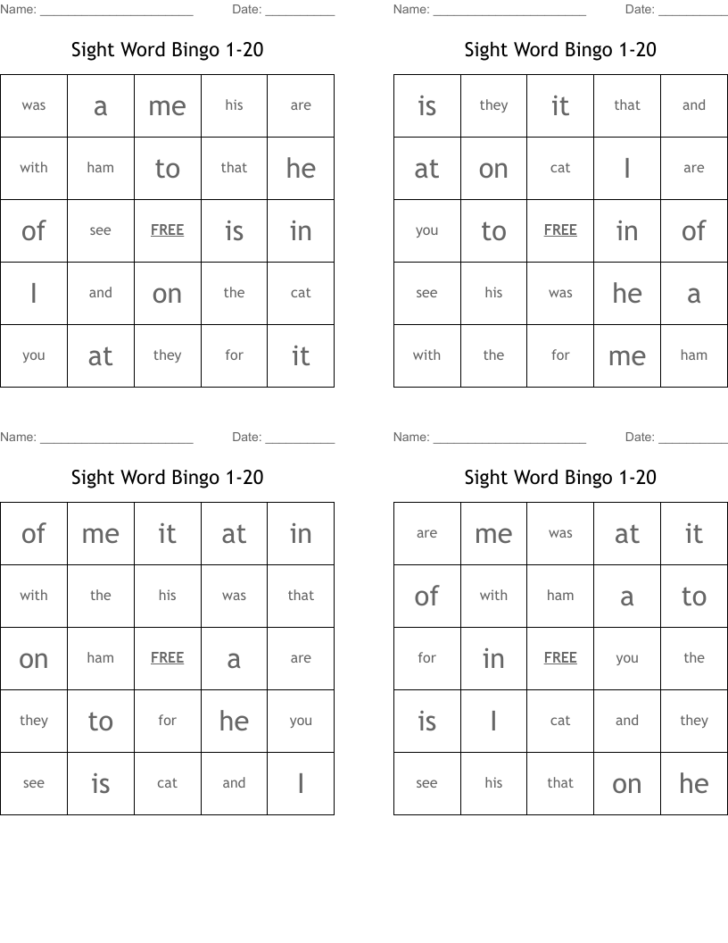 Sight Word Bingo 1-20