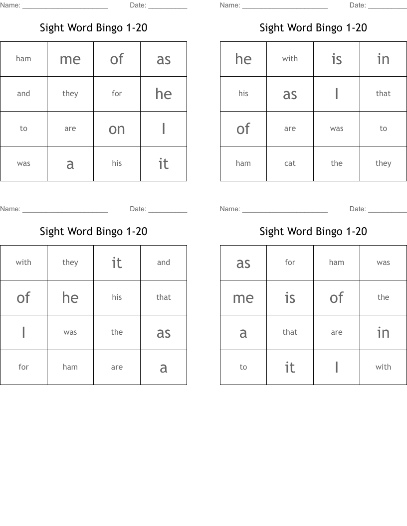 Sight Word Bingo 1-20