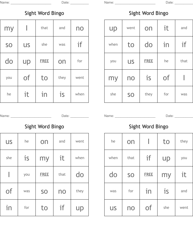 Sight Word Bingo