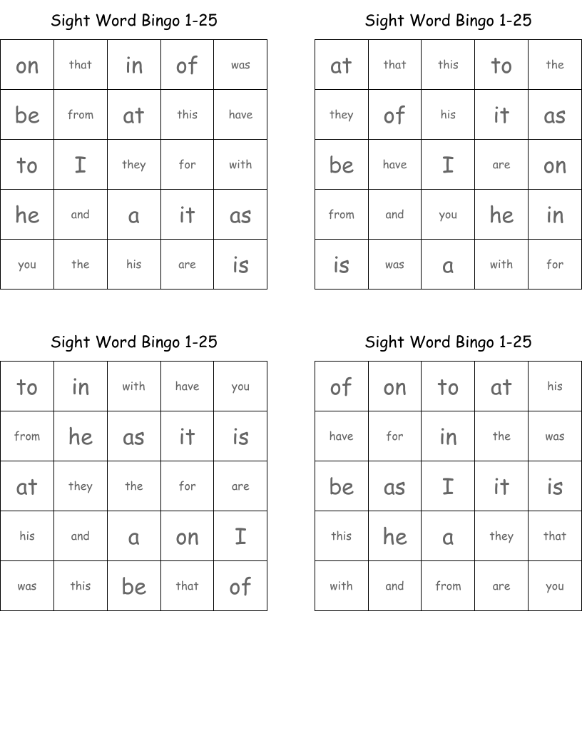 Sight Word Bingo 1-25