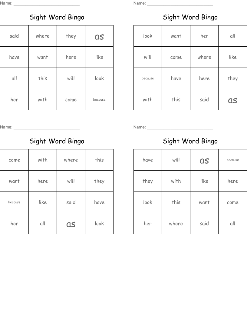 Sight Word Bingo