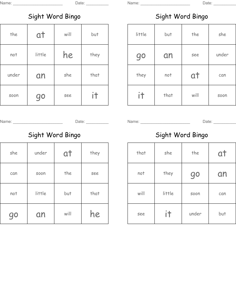 Sight Word Bingo