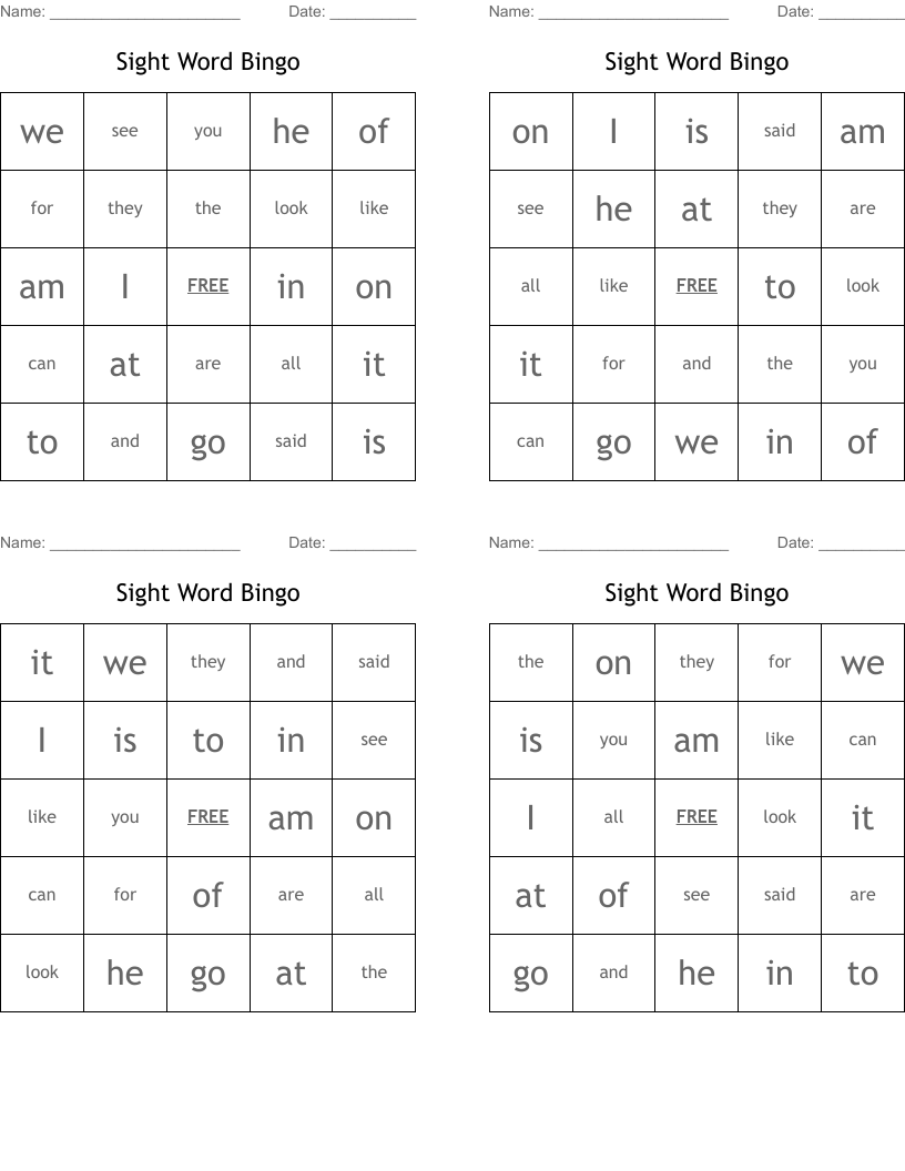 Sight Word Bingo
