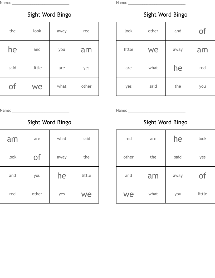 Sight Word Bingo