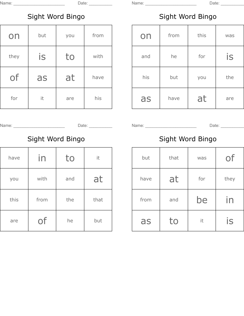 Sight Word Bingo