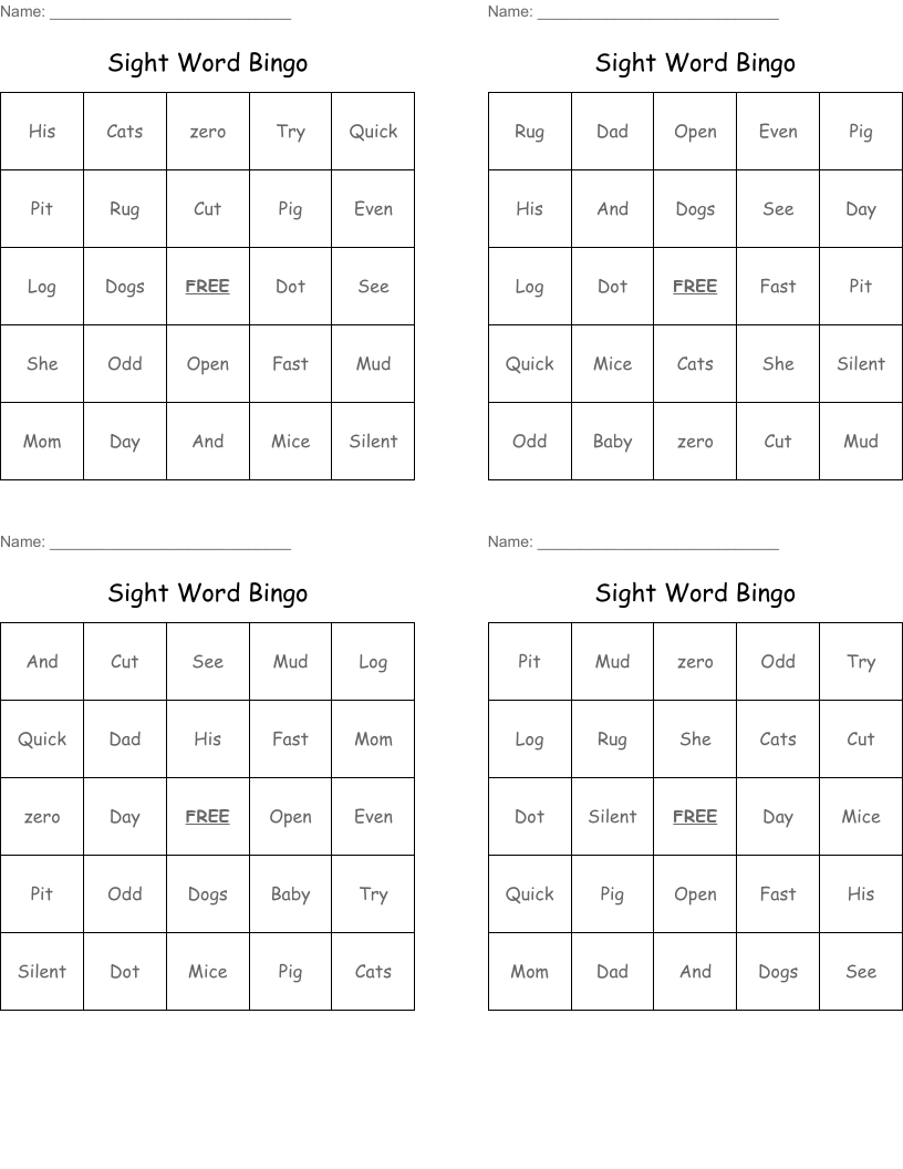 Sight Word Bingo