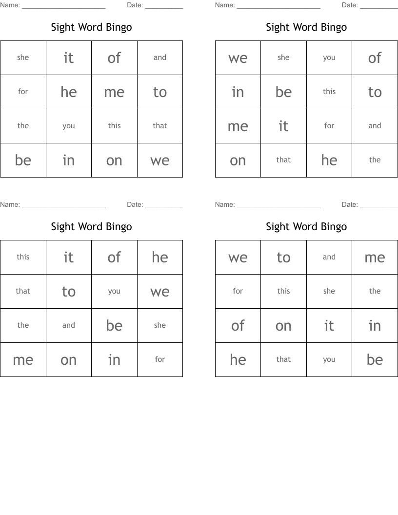 Sight Word Bingo