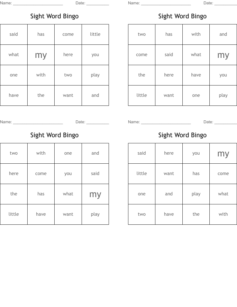 Sight Word Bingo