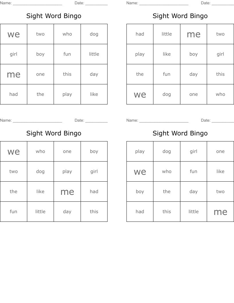 Sight Word Bingo