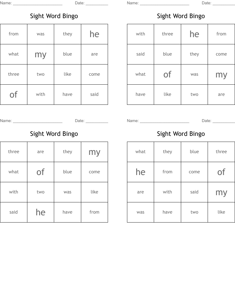 Sight Word Bingo