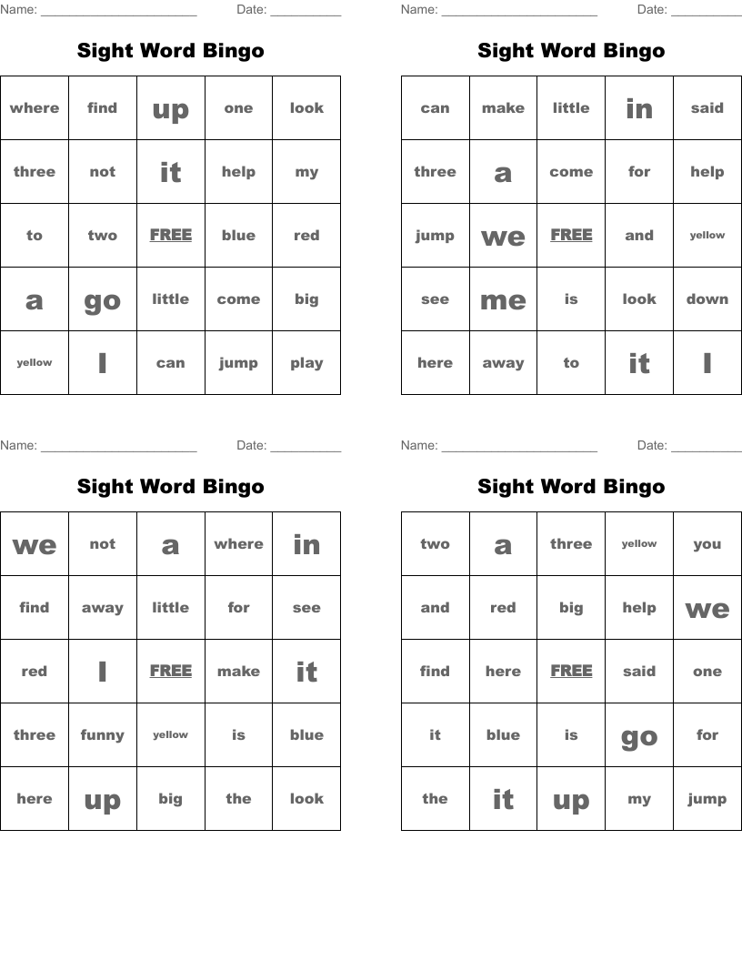 Sight Word Bingo