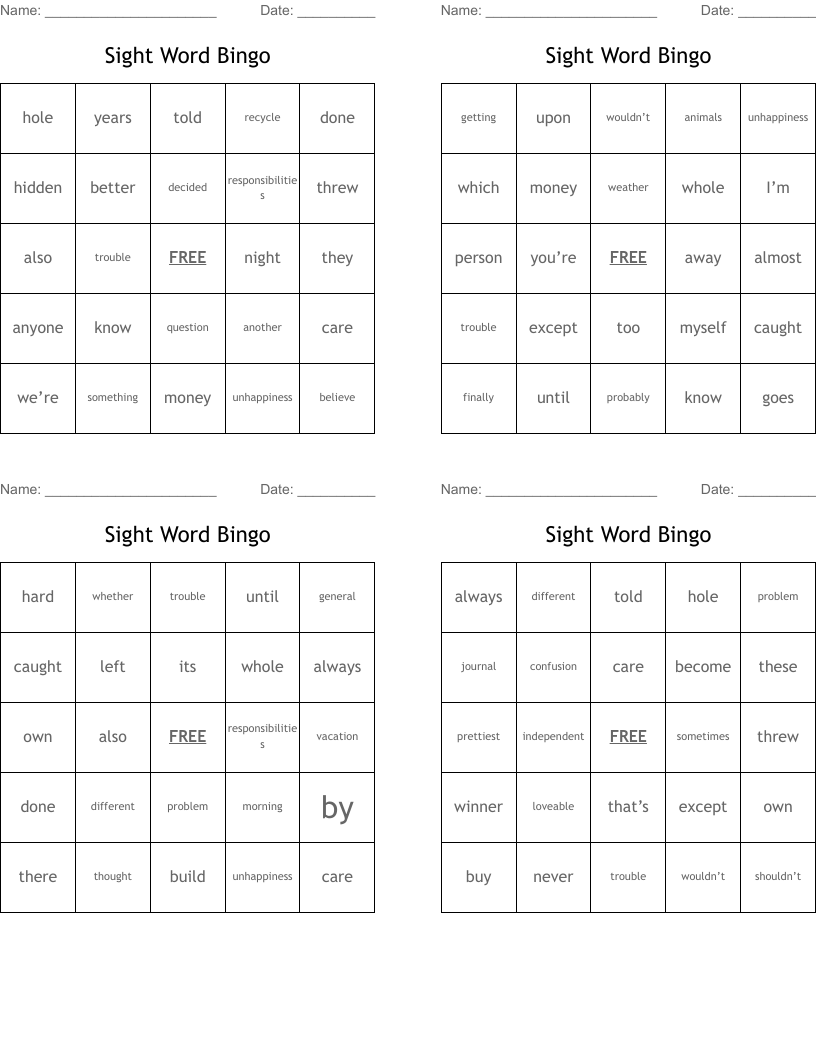 Sight Word Bingo