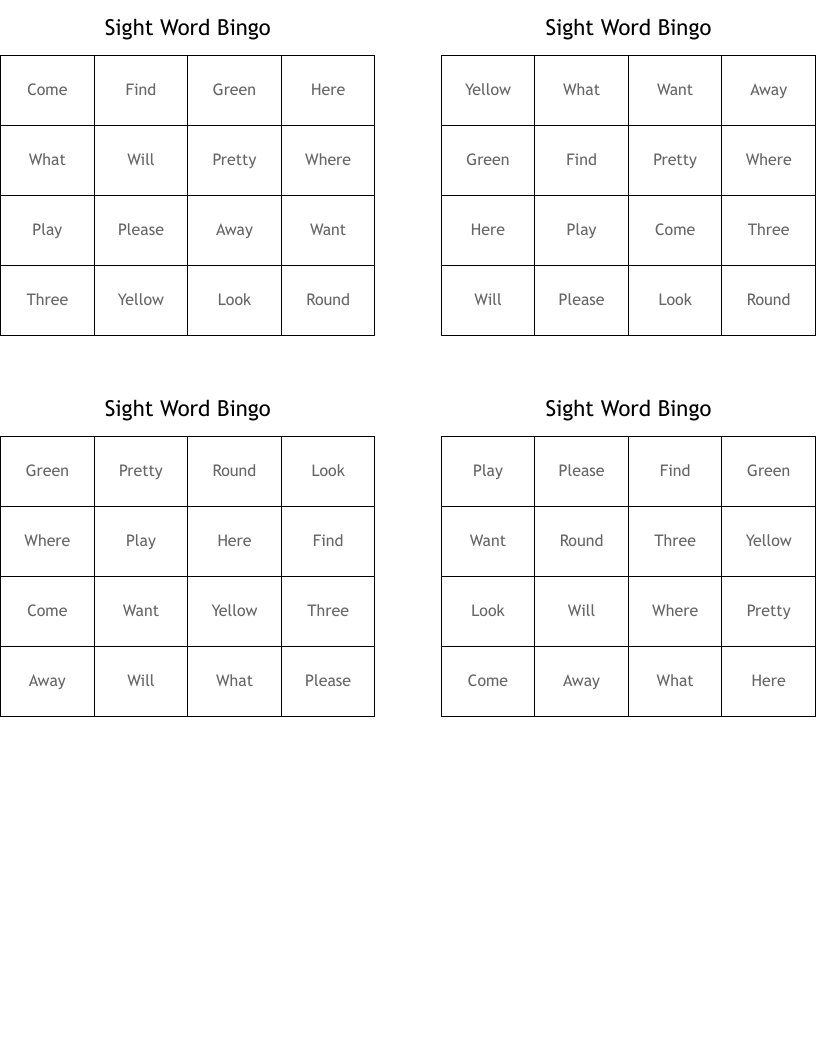 Sight Word Bingo