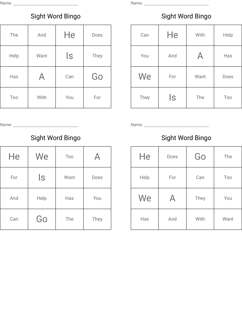 Sight Word Bingo