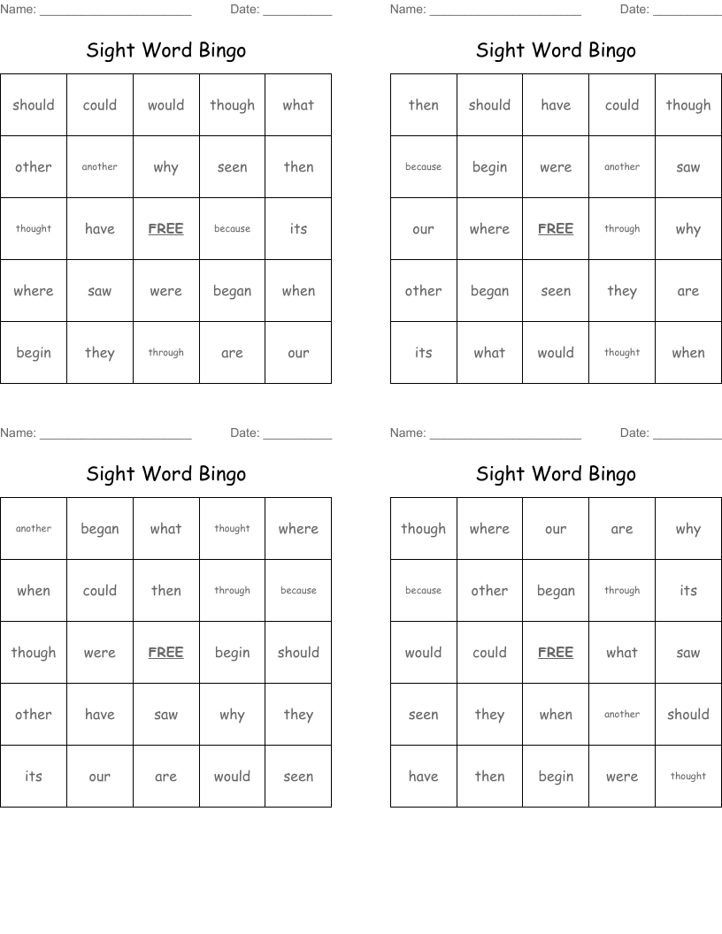 Sight Word Bingo