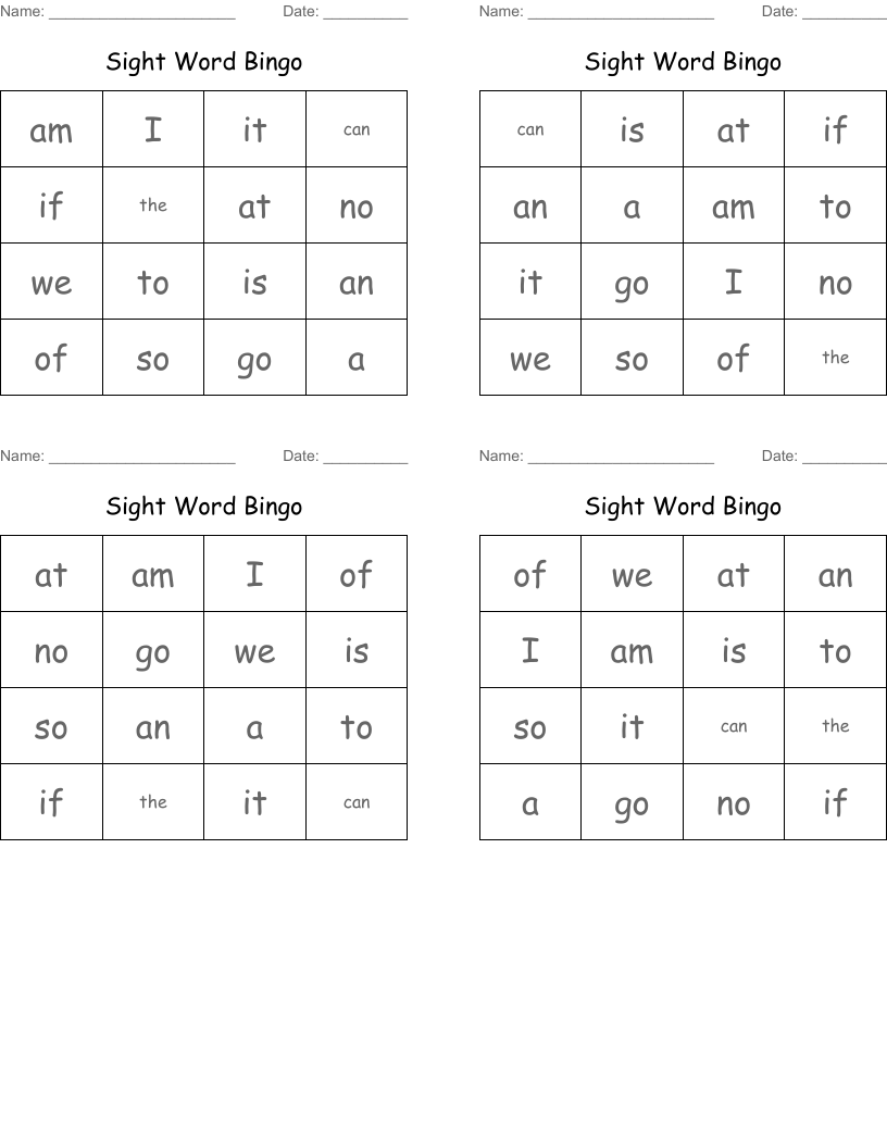Sight Word Bingo