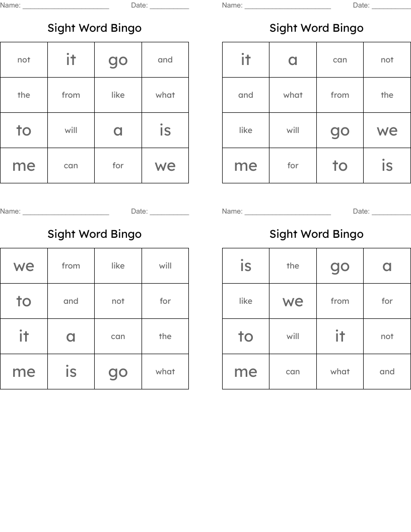 Sight Word Bingo