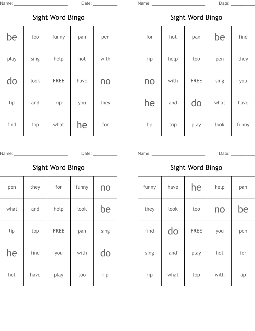 Sight Word Bingo