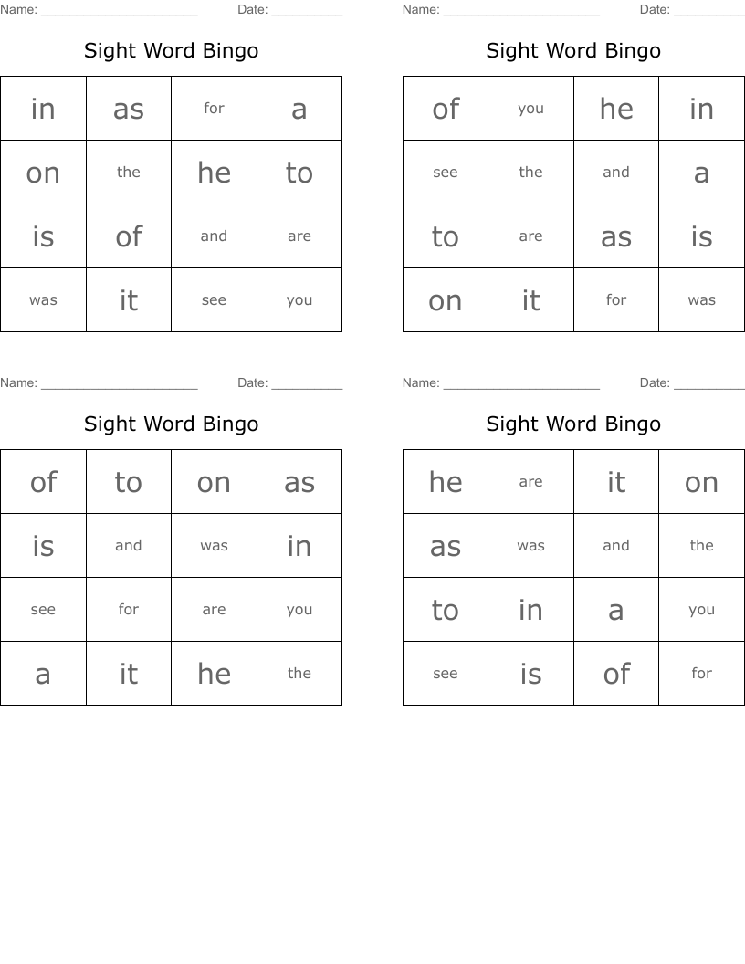 Sight Word Bingo