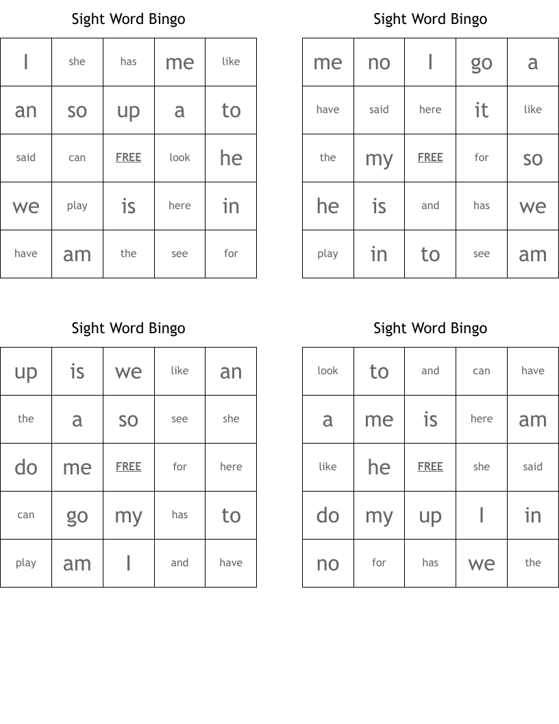 Sight Word Bingo