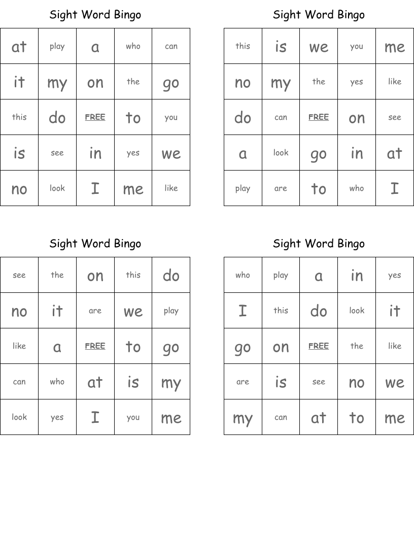 Sight Word Bingo