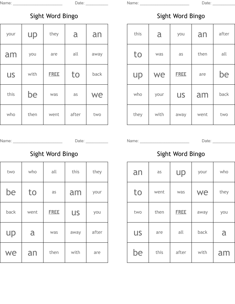 Sight Word Bingo