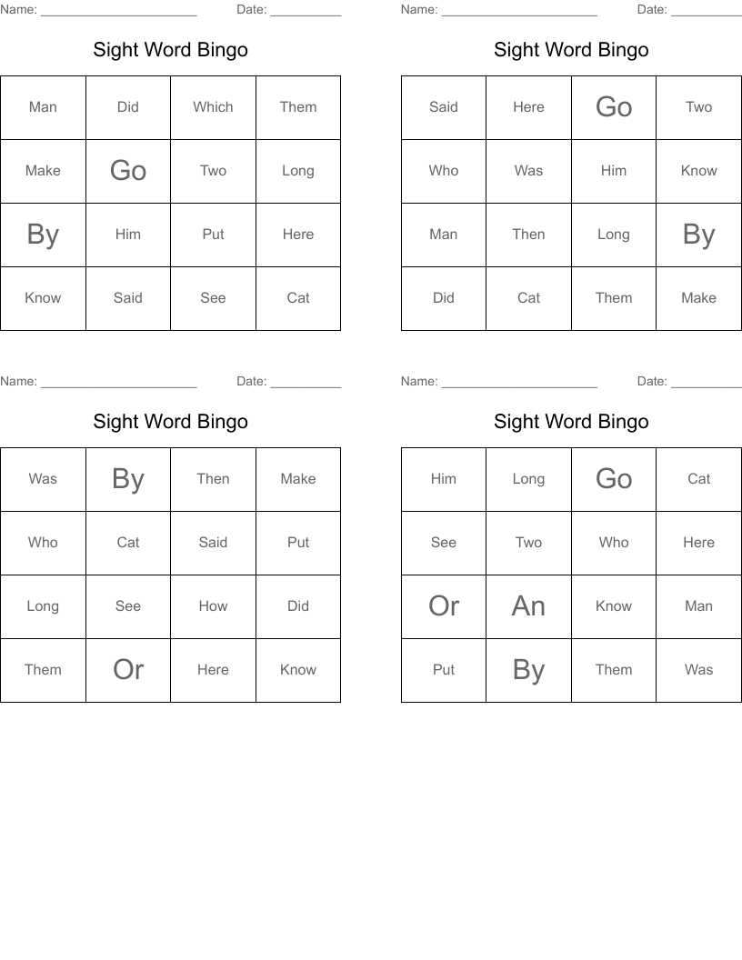 Sight Word Bingo