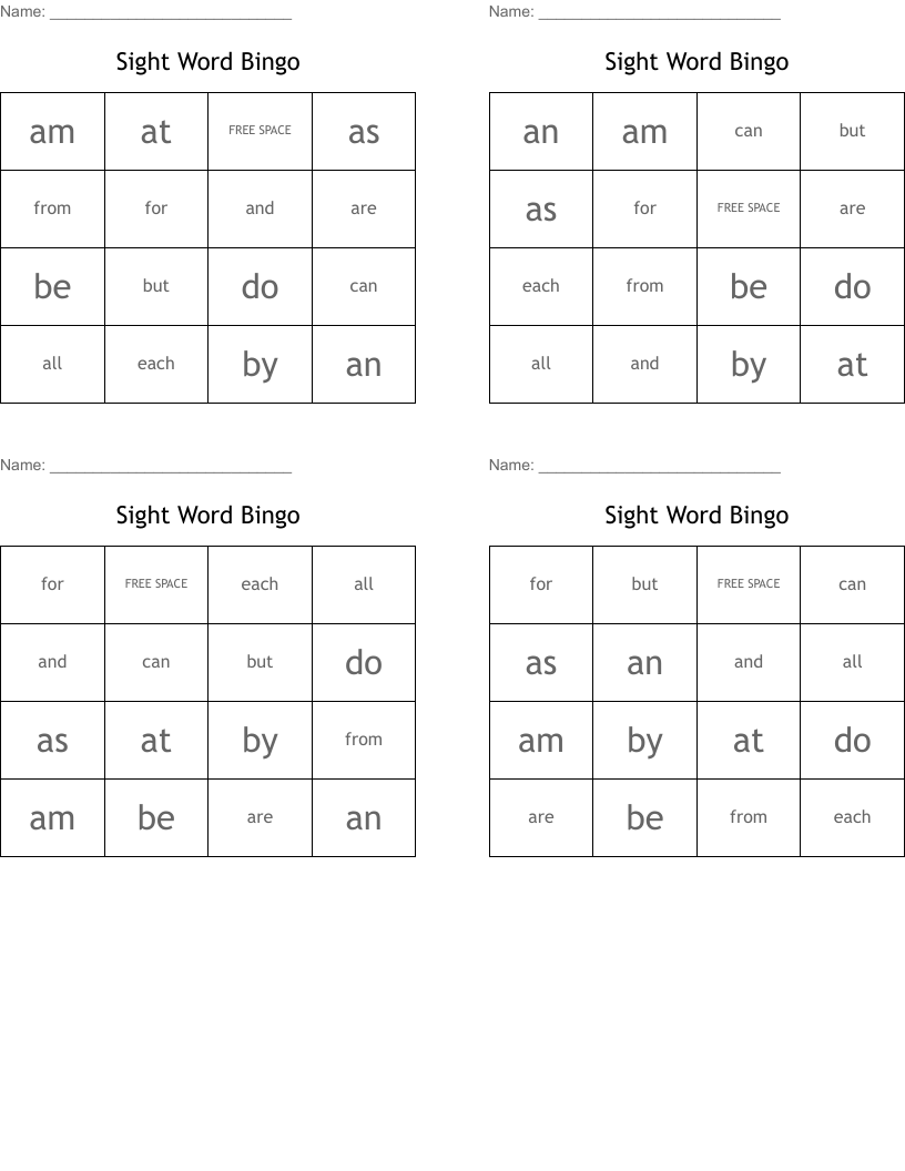 Sight Word Bingo