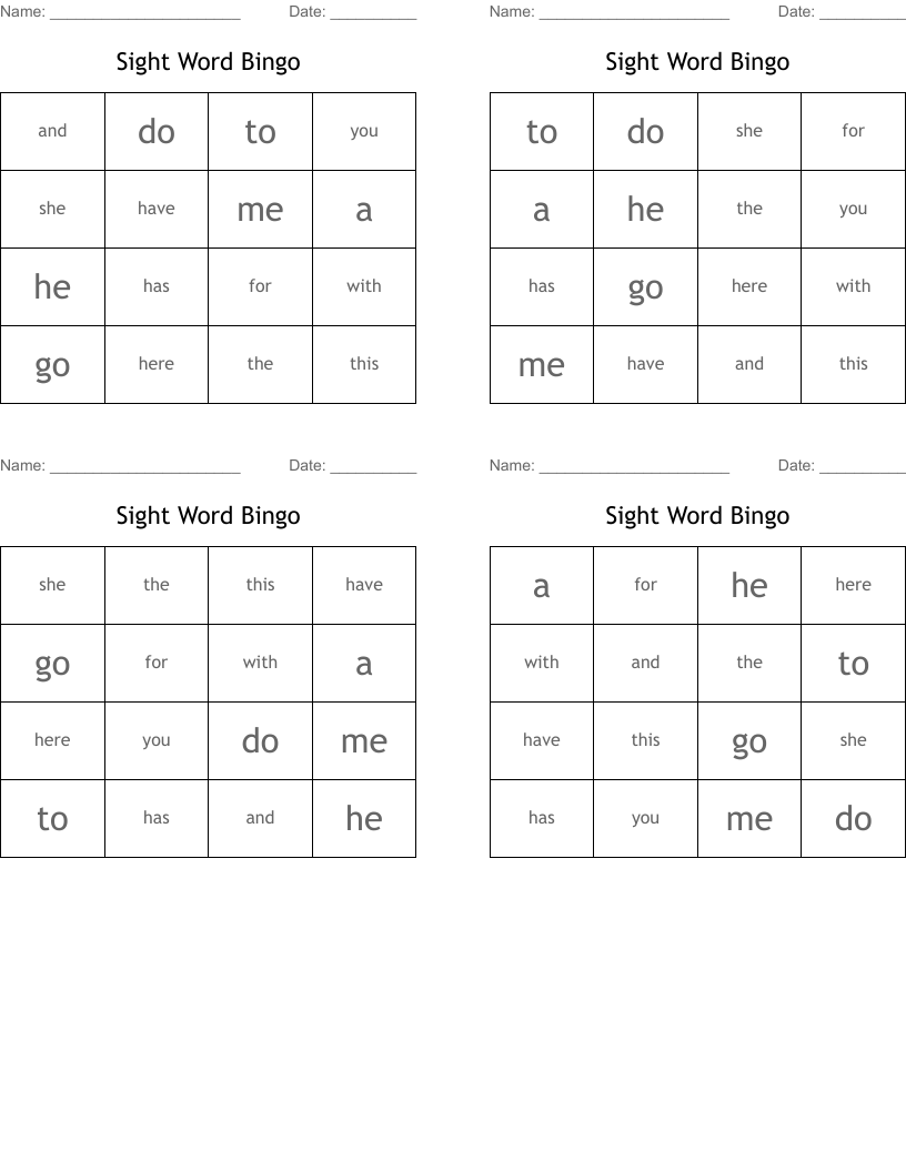 Sight Word Bingo
