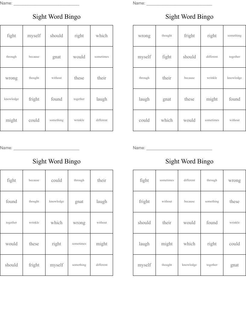 Sight Word Bingo